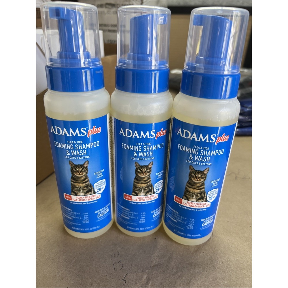 3 Bottles Adams‎ Plus Flea & Tick Foaming Shampoo for Cats Sensitive Skin 10 oz